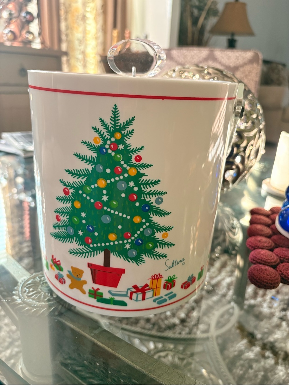 Saltera Vintage plastic Ice Bucket Canister with Green Christmas Tree Print